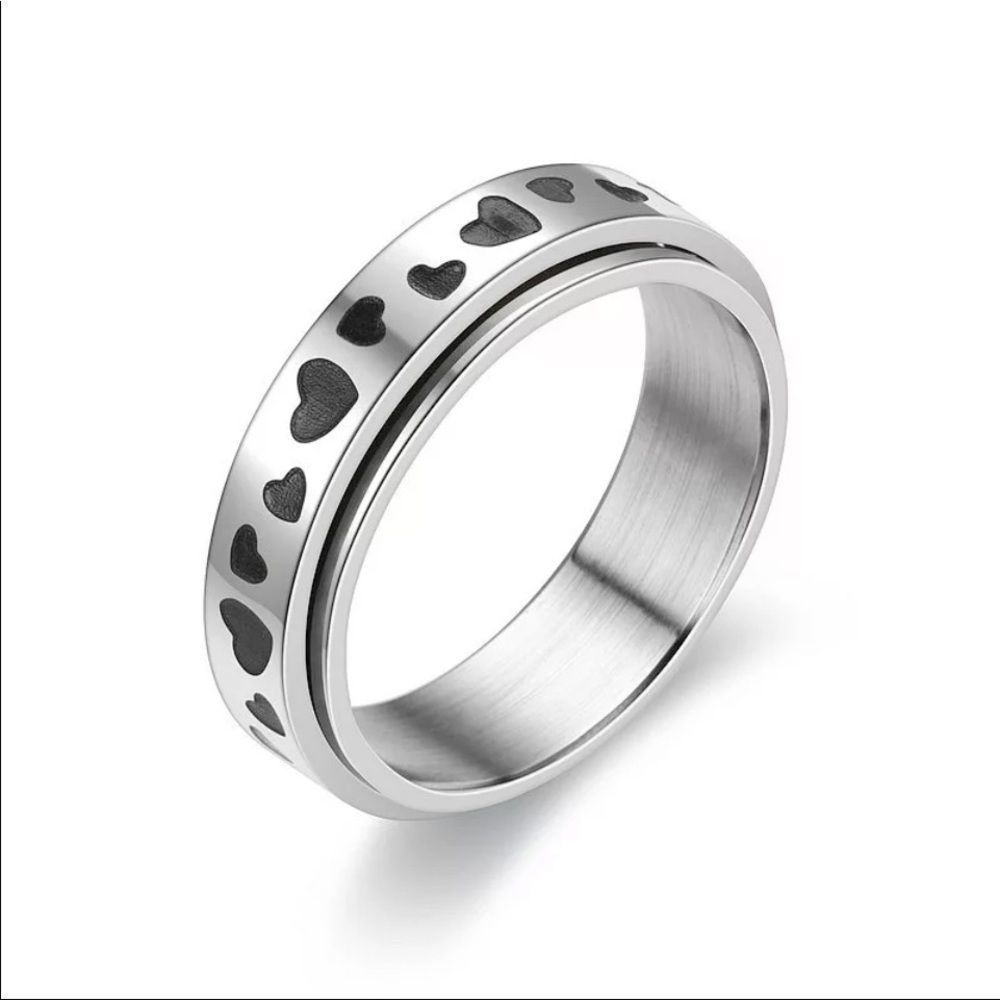 Cute Hearts Spin Fidget Stainless Steel Ring Size 8